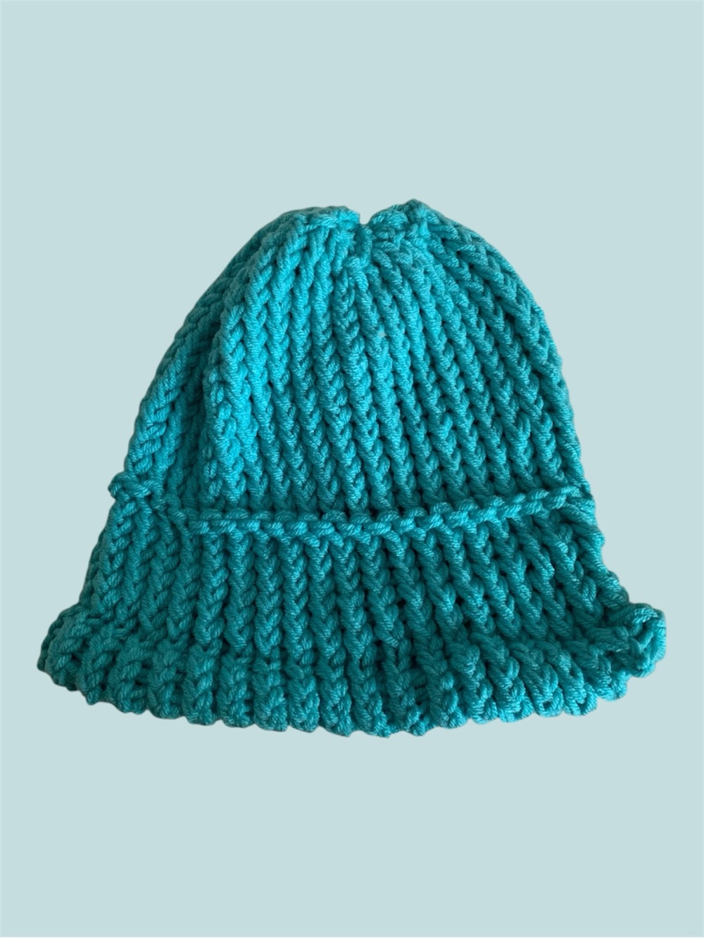 NWOT Handmade Girls Teal Blue Knit Beanie Hat Low Pill Acrylic